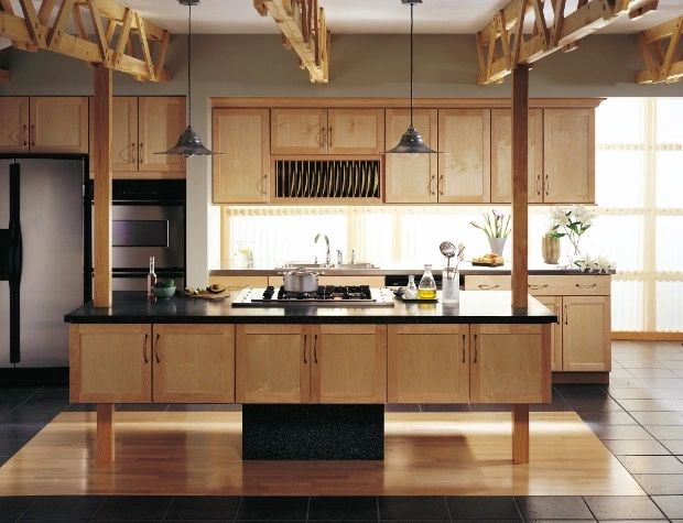 Modern farmhouse kitchen with wood cabinetry and island