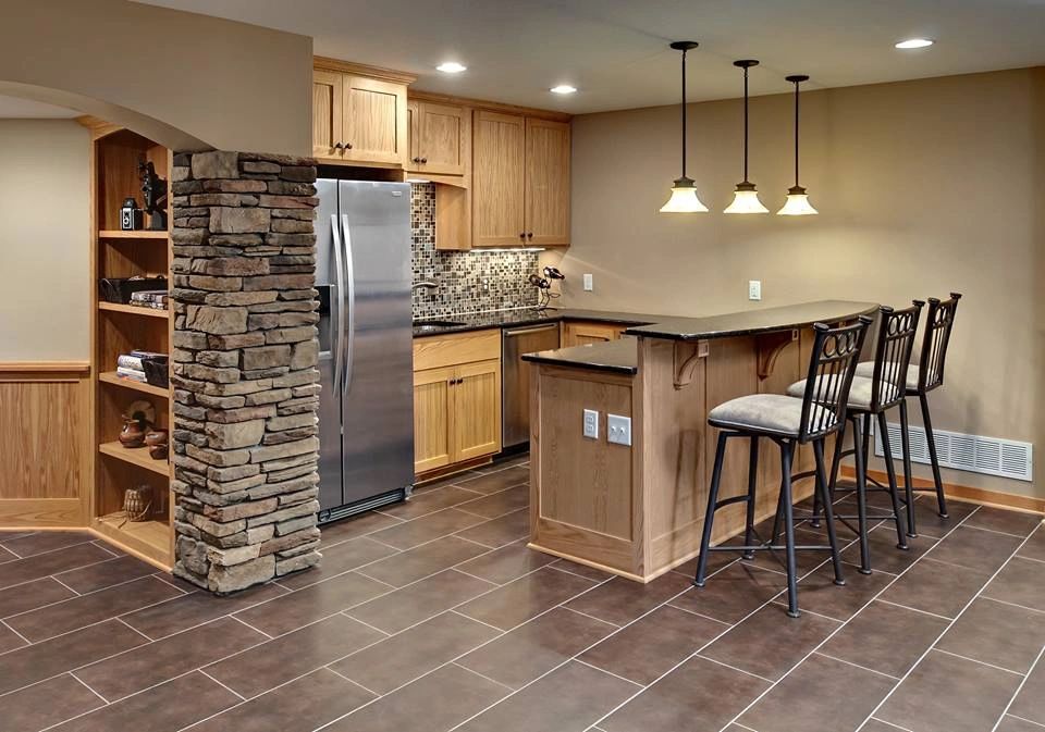 Master bathroom with sunken whirlpool and travertine tile